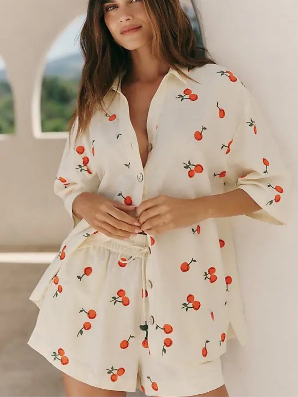 NWT Anthropologie FARM RIO Cherry Print Cotton Short-Sleeve Shirt & Shorts XS/S